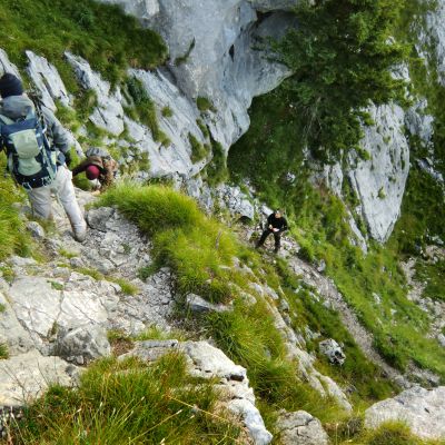 Peter, Lukas, Bart und Jochen auf dem Klettersteig "Dr.-Julius-Mayr-Weg" vom Brünnsteingipfel zum Brünnsteinhaus.
