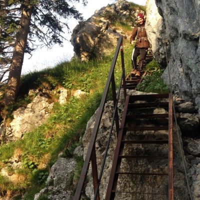 Peter, Lukas, Bart und Jochen auf dem Klettersteig "Dr.-Julius-Mayr-Weg" vom Brünnsteingipfel zum Brünnsteinhaus.