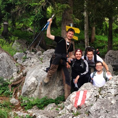 Peter, Lukas, Bart und Jochen auf dem Klettersteig "Dr.-Julius-Mayr-Weg" vom Brünnsteingipfel zum Brünnsteinhaus.