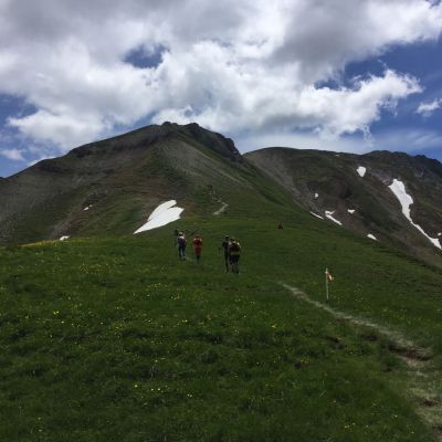 Vorbei an der Pestkapelle (V3) führt der Trail über die Hochfeldernalm​  zum Feldernjöchl und dann hinab zur Hämmermoosalm​ (V4) im Gaistal, das Ehrwald mit Leutasch verbindet.
