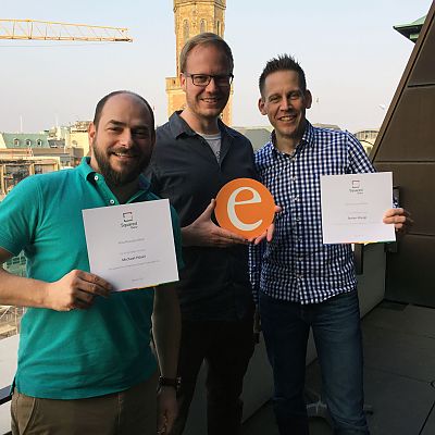 Februar 2017, Hamburg: Stefan und Michael mit dem Googler Dominik am squared Guru Abschlusstag.