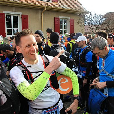 März 2017, Rouffach (Frankreich): Stefan im Startblock beim Trail du Petit Ballon.